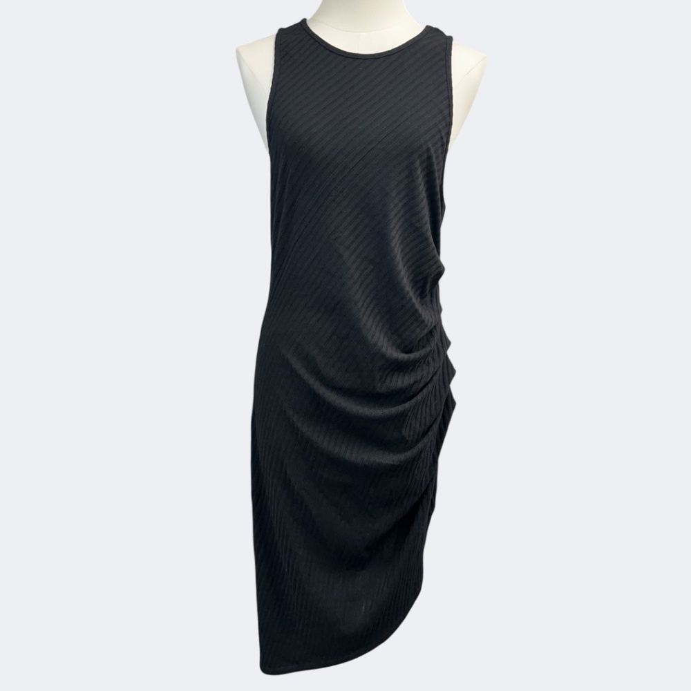 1.State Dress Womens Large Black Asymmetrical Ruched Tank Sleeveless Ribbed Midi
